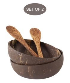 Coconut Bowls & Wooden Spoon Set | Vegan Organic Buddha Bowl for Salad&Smoothie (Set: Set of 2)